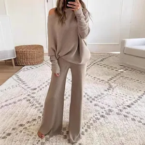 Ensemble Deux Pièces en Tricot Décontracté pour Femmes Couleur Unie Haut à Manches Chauve-Souris Et Pantalon Large Taille Haute