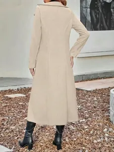 Back view of a long beige wool coat with professional tailoring and clean lines