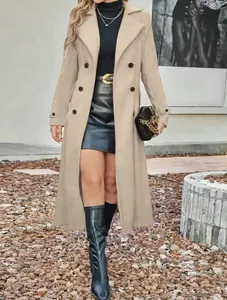 Women Elegant Long Wool Blend Coat Thick Double Breasted Lapel Outerwear Winter Warm Overcoat With Pockets Office Lady Jacket