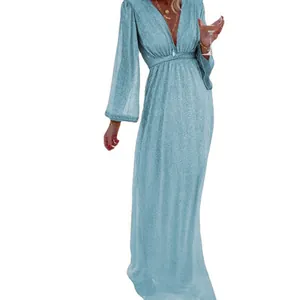 Elegant light blue sequin maxi dress with deep V-neck and long sleeves for party wear.