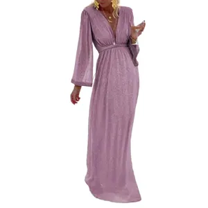 Elegant purple sequin V-neck maxi dress with long sleeves for party and evening wear