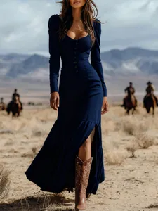 Detail view of a navy blue retro Western style long sleeve maxi dress in desert setting