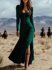Close-up of vintage western style button-up long sleeve maxi dress in dark green