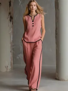 Women Casual Sleeveless V Neck Button Contrast Trim Top And Bottom Wide Leg Pants Polyester Two Piece Outfit Fashion Suit