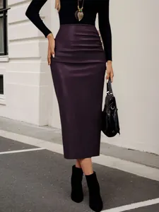 High-waisted dark purple PU leather midi skirt with slim fit bodycon design for autumn