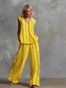 Élégant ensemble deux pièces en coton et lin à rayures jaunes avec pantalon large style français