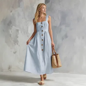 Elegant light blue sleeveless midi dress with front buttons and large flared hem for summer