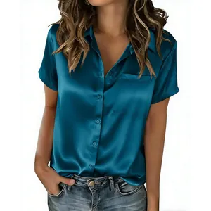 Detailed view of women's teal short-sleeved satin shirt with lapel collar and buttons