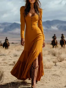 Elegant mustard yellow vintage western style maxi dress with buttons and tiered skirt