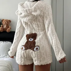 Women Casual Solid Color Hooded Long Sleeve Plush Bodysuit Cute Bear Ears Pattern One Piece Romper Home Wear Nightwear