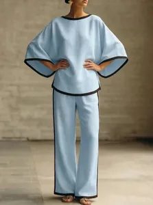 Elegant Women Polyester Spandex Top And Bottom Casual Loose Round Neck Batwing Sleeve Contrast Piping Long Pants Two Piece Set