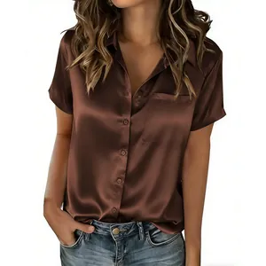 Close-up of smooth chocolate brown satin short sleeve button-down blouse for women