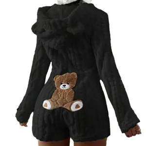 Women's black plush hooded long-sleeve romper with teddy bear patch on the back