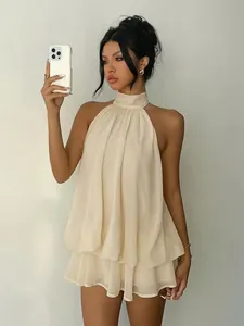 Elegant apricot halter neck sleeveless bubble hem mini dress for summer vacation
