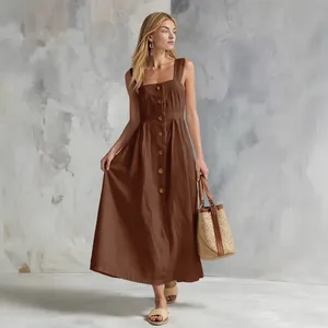 Elegant brown button-front sleeveless midi strap dress with flared skirt on female model