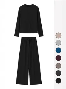 Conjunto de Descanso Casual a Rayas para Mujer Camiseta de Manga Larga con Cuello Redondo y Pantalones de Pierna Ancha Chándal Acanalado de Dos Piezas