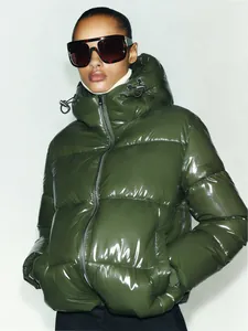 Fashionable high-shine olive green hooded puffer jacket for women winter outdoor coat