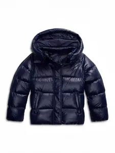 Detail shot of shiny navy blue hooded puffer jacket for women winter wear