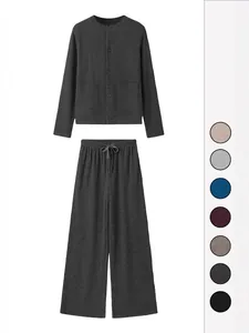 Conjunto de dos piezas de punto acanalado para mujer con cárdigan y pantalón de pierna ancha