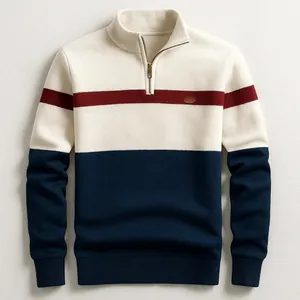 Front view of men's half-zip knit sweater showing the navy, burgundy and cream color-block.