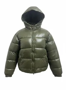 Glossy olive green hooded puffer jacket with thick quilted insulation for winter