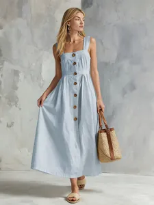 Elegant light blue sleeveless button-down maxi dress with swing hem for summer fashion look