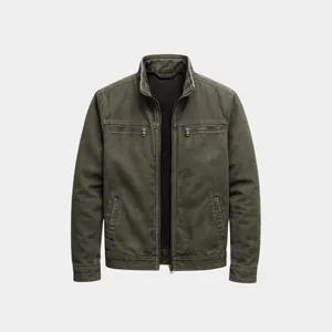 Front view of men's vintage olive green workwear jacket with multiple zippers