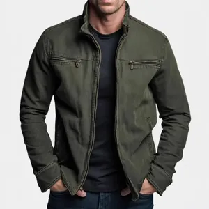 Detailed view of men's vintage army green cotton workwear jacket with zip pockets