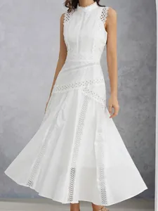 Elegante Dames Kant Ajour Maxi Jurk Mouwloos Opstaande Kraag A-lijn Lange Jurk Effen Kleur Sexy Party Jurk Polyester Kleding