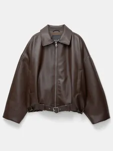 Vintage dark brown oversized faux leather pilot jacket with belted hem for women.