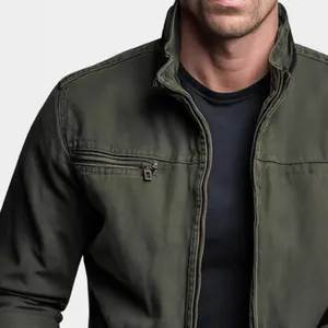 Detailed view of the collar and zipper on an olive green vintage men's workwear jacket