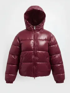 Premium women's shiny wine red hooded puffer jacket with thick padding for winter