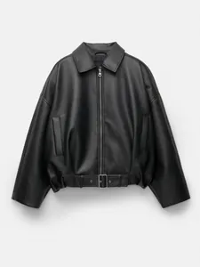 Stylish vintage black faux leather pilot jacket with belt and zipper closure for women