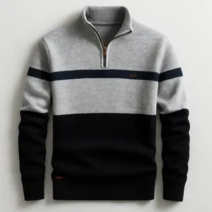 Men's half-zip color-block knit sweater with gray and black panels