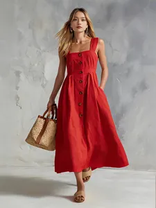 Elegant red sleeveless midi dress with button-down front and square neckline