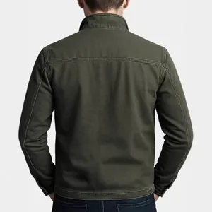 Back view of a men's olive green retro casual workwear jacket with stitching details