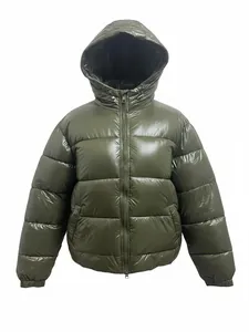 Women's shiny olive green hooded puffer jacket, thick winter warm coat front view