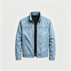 Front view of a light blue vintage men's workwear denim jacket with zip pockets