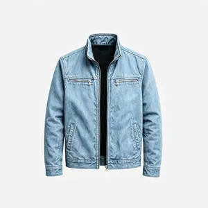 Vista frontale di giacca di jeans vintage da uomo azzurro con tasche a cerniera