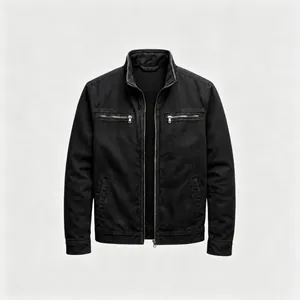 Men's casual black workwear jacket with stand collar and functional zipper detail