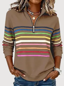 Felpa casual da donna marrone con mezza zip e vivaci strisce colorate e colletto
