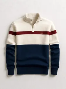 Men's Business Casual Color Block Half-Zip Pullover Knitted Stand Collar Long Sleeve Polyester Striped Top Autumn Winter