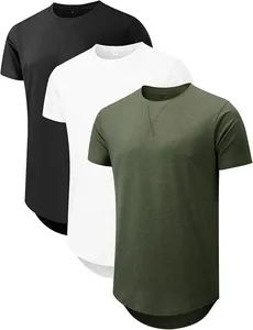 Close-up of three men's short-sleeved T-shirts in black, white, and olive green.