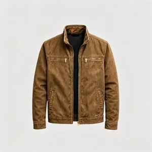 Close-up view of a vintage brown men's utility jacket featuring functional zipper pockets