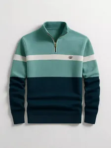 Men's stylish business casual half-zip knit sweater featuring teal and navy color blocking