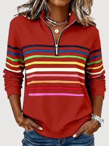 Felpa casual rossa con mezza zip e strisce orizzontali colorate da donna