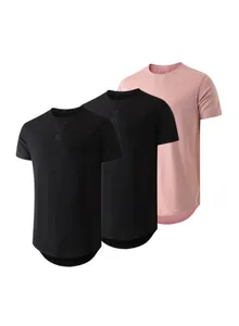 Detailed view of three men's athletic short-sleeve T-shirts in black and pink with curved hem