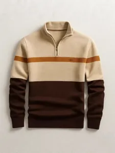 Men's premium business casual quarter-zip color-block knitted pullover sweater for autumn