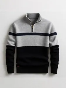 Men's business casual half-zip knit sweater with gray and black color-block design