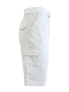 Side view detail of men's white cargo shorts with multiple pockets and belt